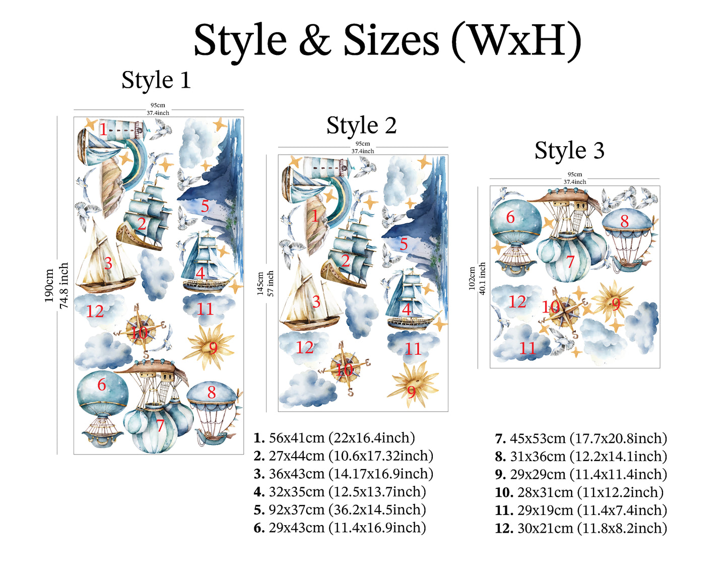Textile Decals Sizes and Style of vintage ships and hot air balloons, creating a whimsical travel-themed ambiance