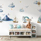 Nursery room adorned with our textile decals, featuring vintage ships and hot air balloons, creating a whimsical travel-themed ambiance.